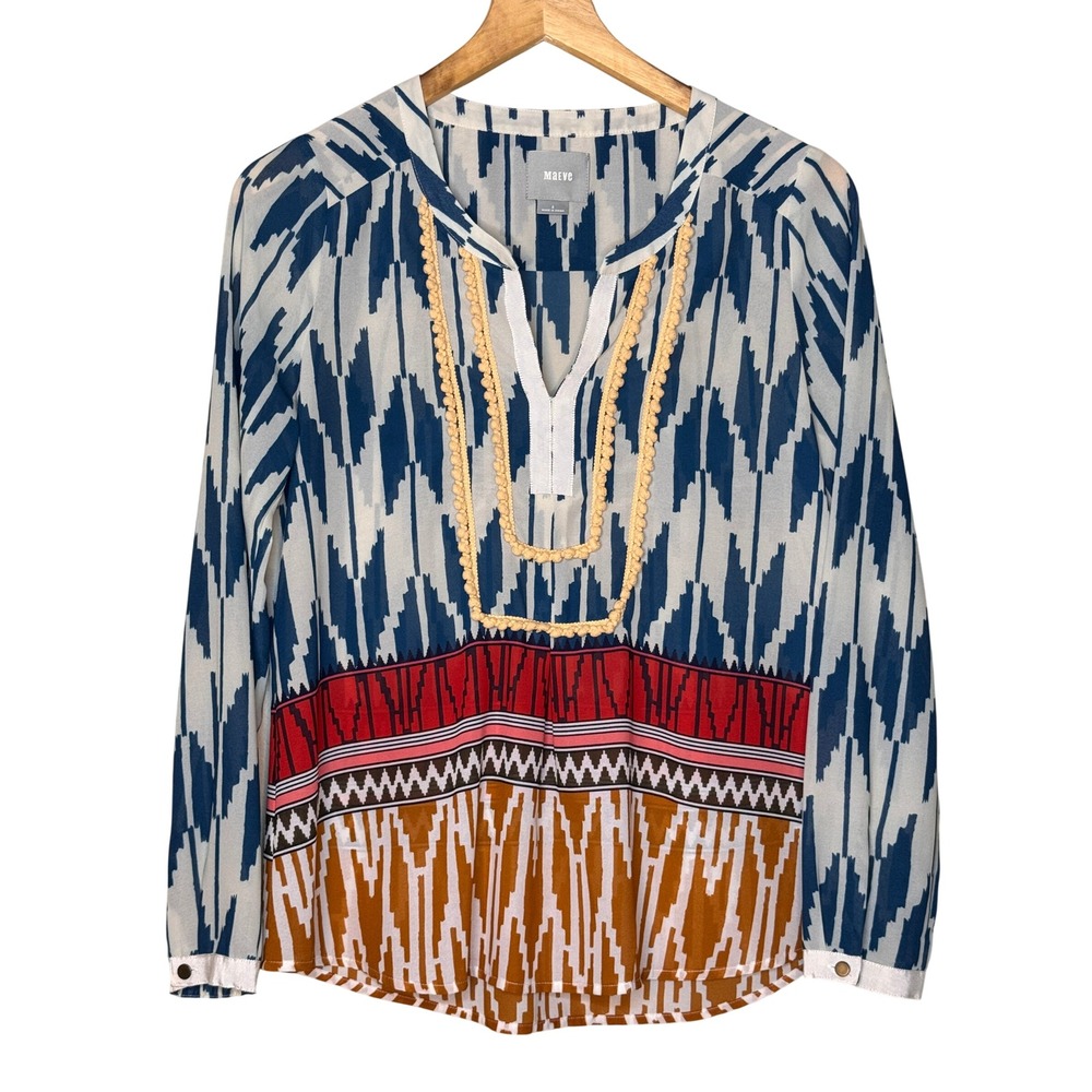 Maeve Anthropologie Ikat‎ Print Pom Pom Trim Blouse Blue Red Geometric Size 2